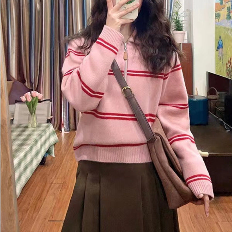 Damen gestreifter Pullover mit hohem Kragen und Reißverschluss EB