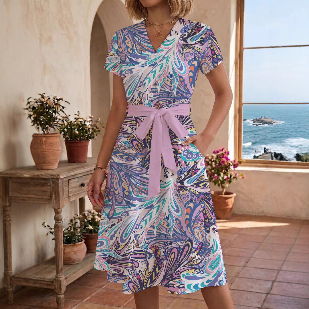 Damen Sommerliches Kleid mit taillierbarem Bindegürtel und floralem Muster EB