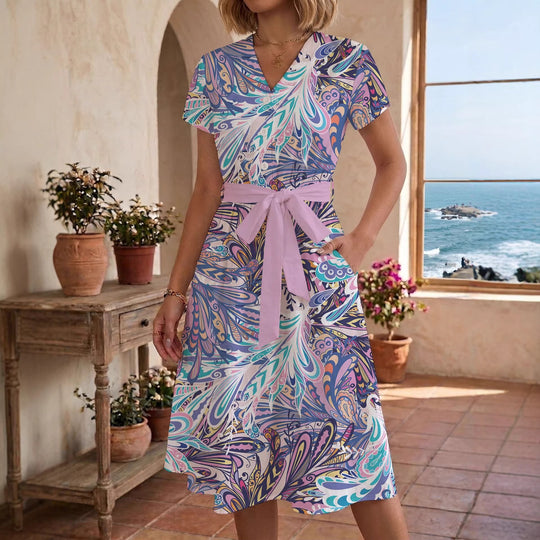 Damen Sommerliches Kleid mit taillierbarem Bindegürtel und floralem Muster EB