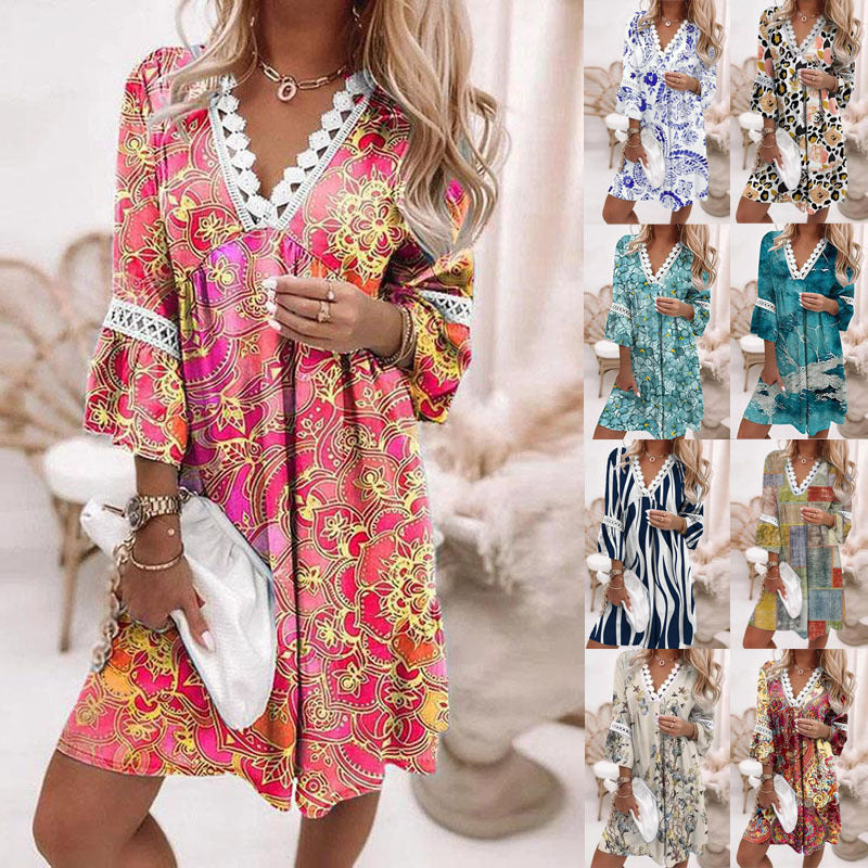 Damen Blumiges Tunika-Kleid mit Spitzenakzenten EB