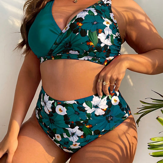 Damen nan Bikini-Set große Größen mit geformtem BH, V-Ausschnitt und hochgeschnittenem Taillenslip EB