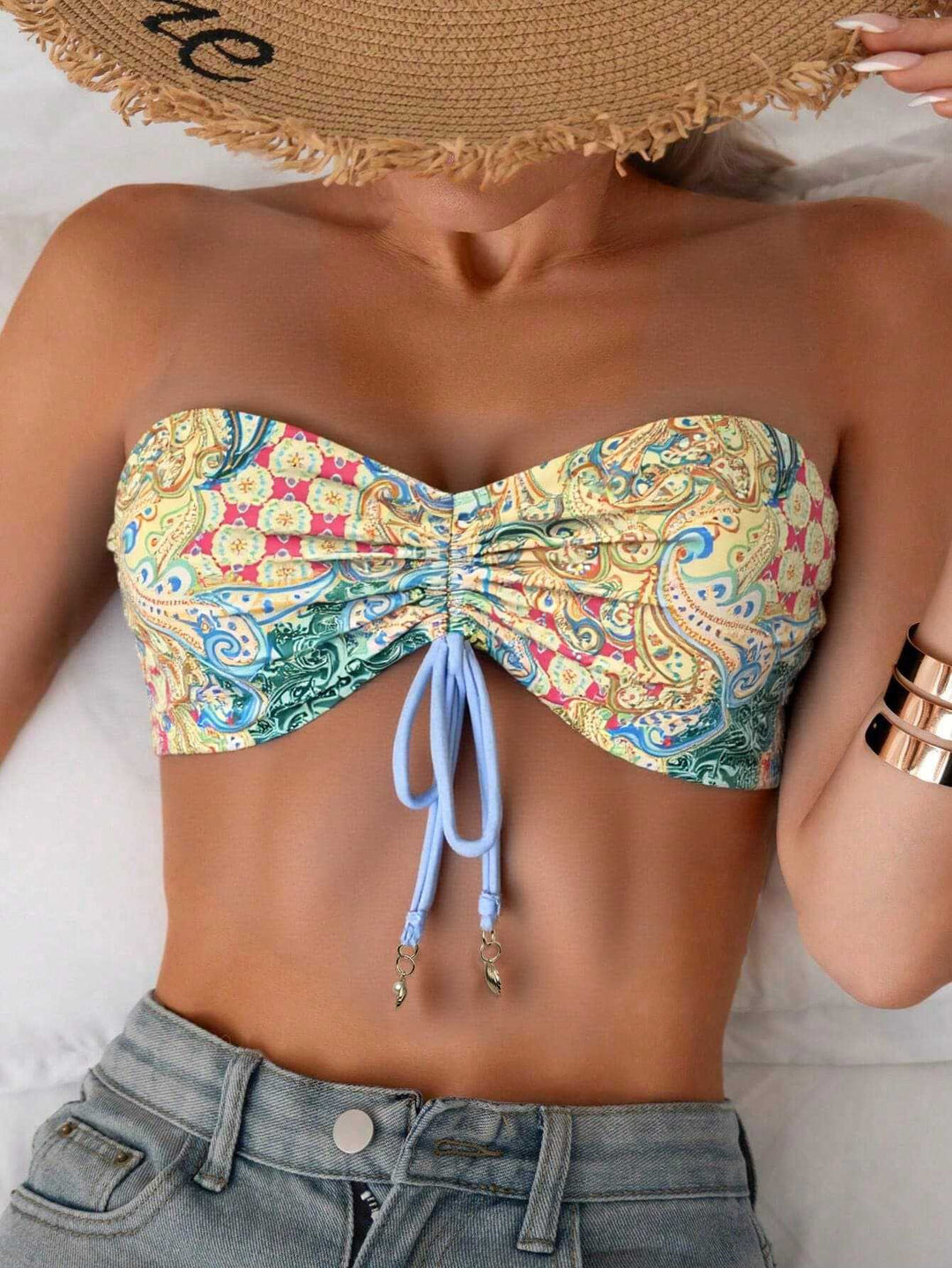 Damen Bandeau-Bikini-Oberteil mit verspieltem Muster EB