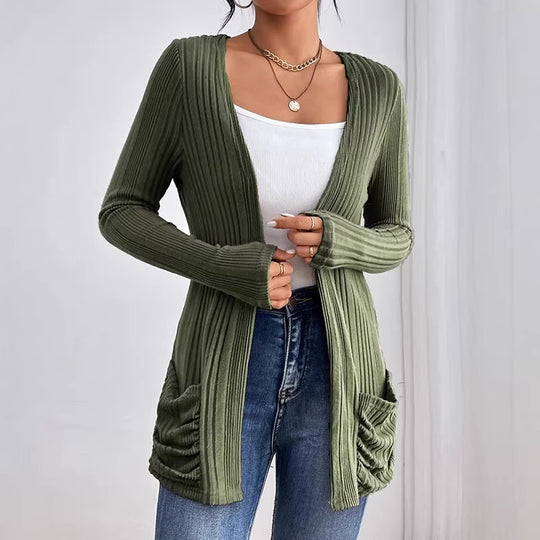 Damen Gerippter Langcardigan mit offener Front, Eingrifftaschen und legerer Passform EB