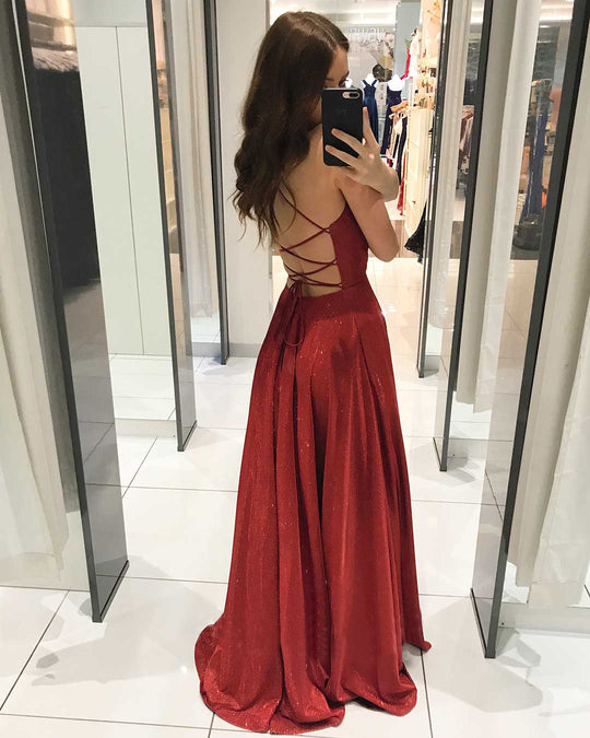 Damen Glamouröses Abendkleid mit tiefem V-Ausschnitt und funkelnden Details EB