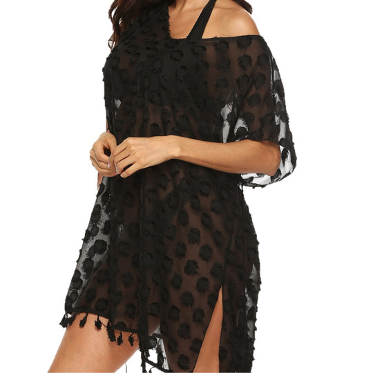 Damen transparenter Strandüberwurf mit trendy Quasten EB