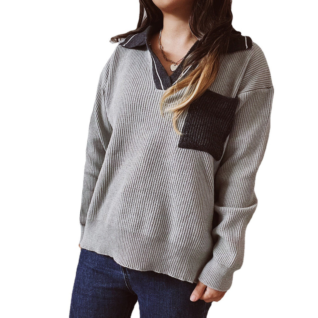 Damen lässiger V-Ausschnitt Pullover mit strukturiertem Rippdesign und kontrastierendem Kragen EB