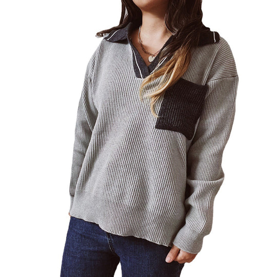 Damen lässiger V-Ausschnitt Pullover mit strukturiertem Rippdesign und kontrastierendem Kragen EB