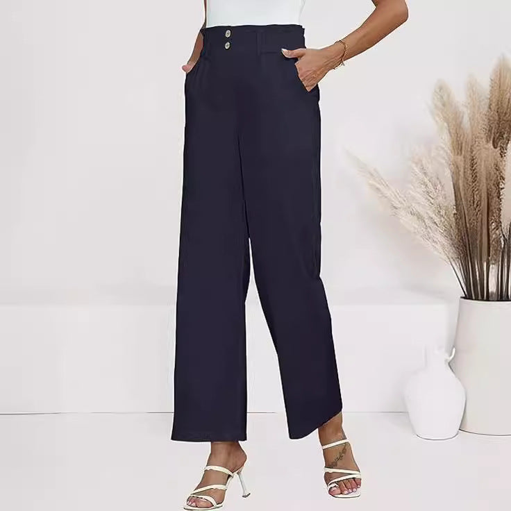 Damen weite Stoffhose mit elastischem Bund und modischen Knopfdetails EB