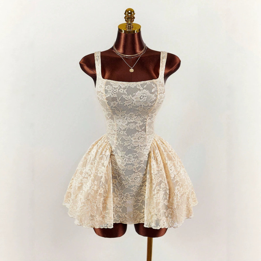 Damen nan tailliertes Spitzen-Cocktailkleid mit Korsett-Bustier und doppellagigem Schößchenrock EB