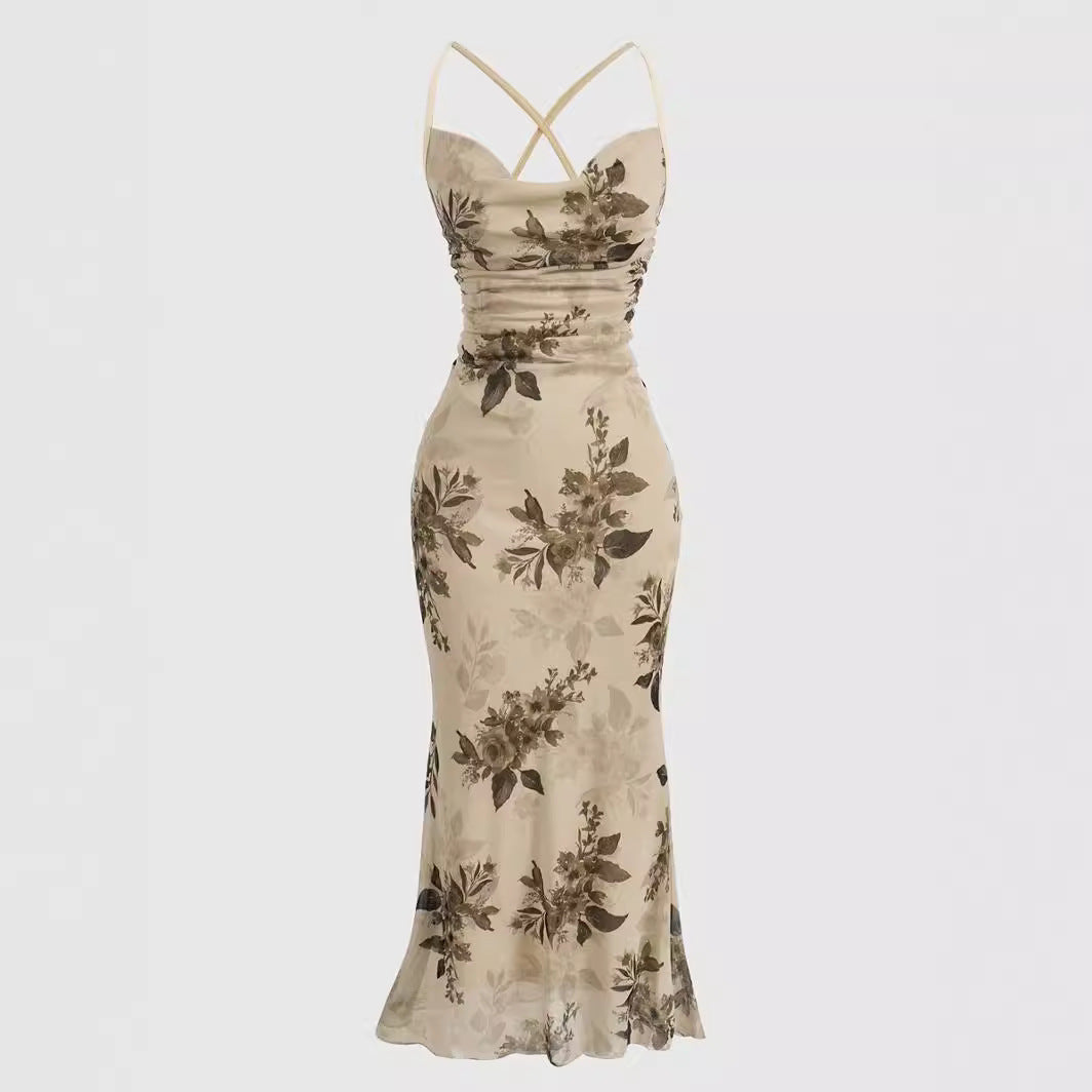 Damen körperbetontes Maxikleid mit floralem Design und Spaghettiträgern EB