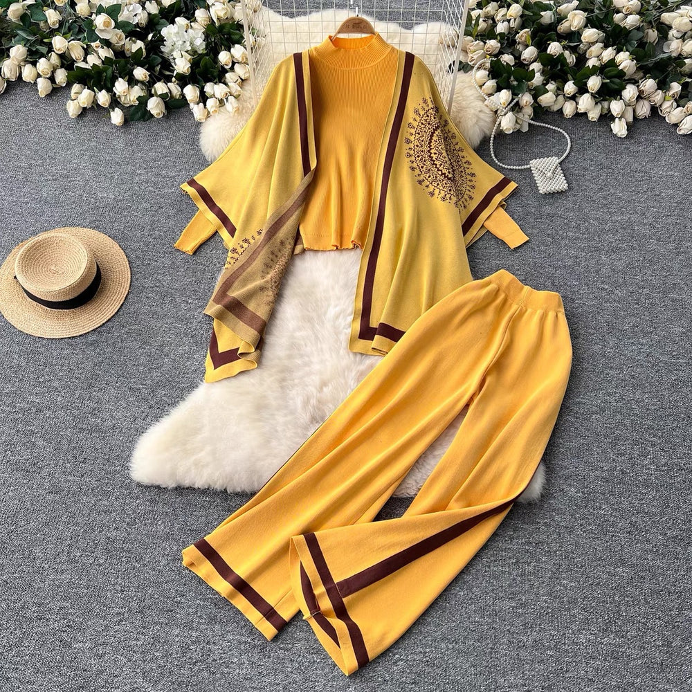 Damen lässiges Strickensemble mit langen Ärmeln und weitem Bein EB