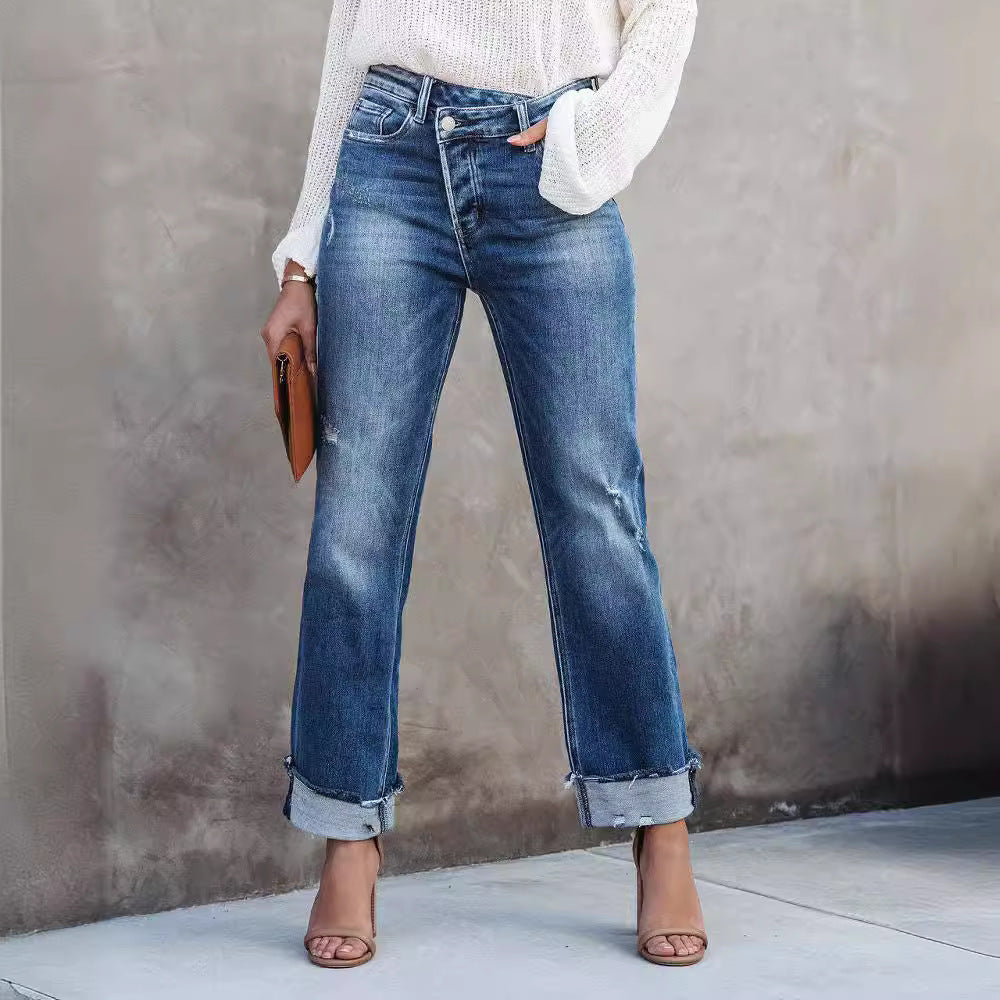 Damen lässige Flared Jeans mit modischen Fransen und hohem Bund EB