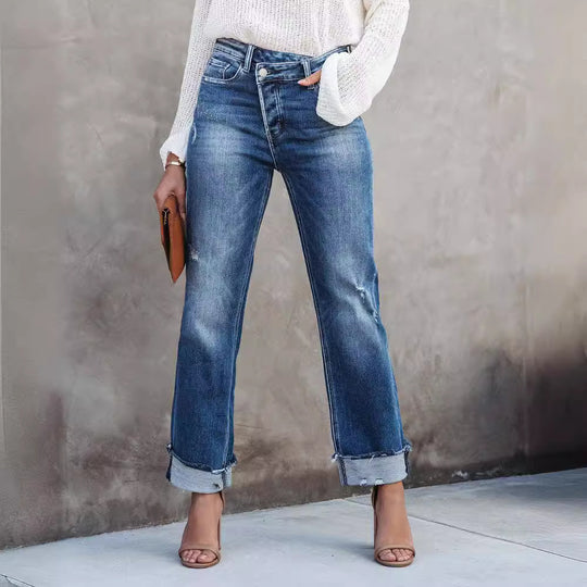 Damen lässige Flared Jeans mit modischen Fransen und hohem Bund EB