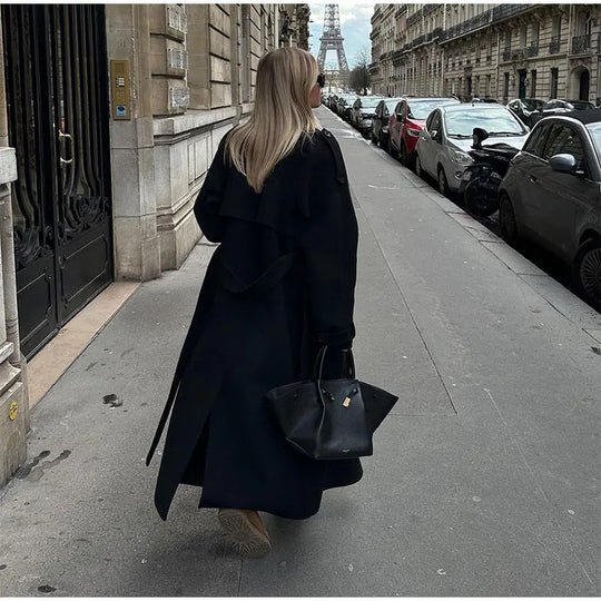 Damen Eleganter Oversized-Trenchcoat mit modischem Gürtel und breiten Ärmeln EB