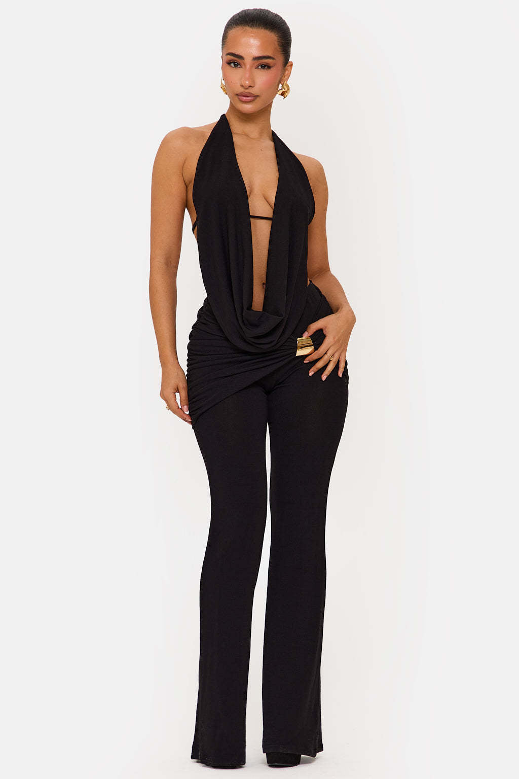 Damen Eleganter Jumpsuit mit doppeltem Kragen und trendiger Raffung EB