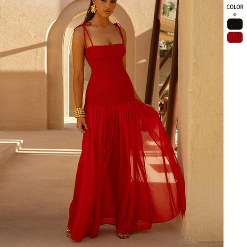 Damen Maxikleid mit einem eleganten, gerafften Oberteil und schwingendem Rock EB