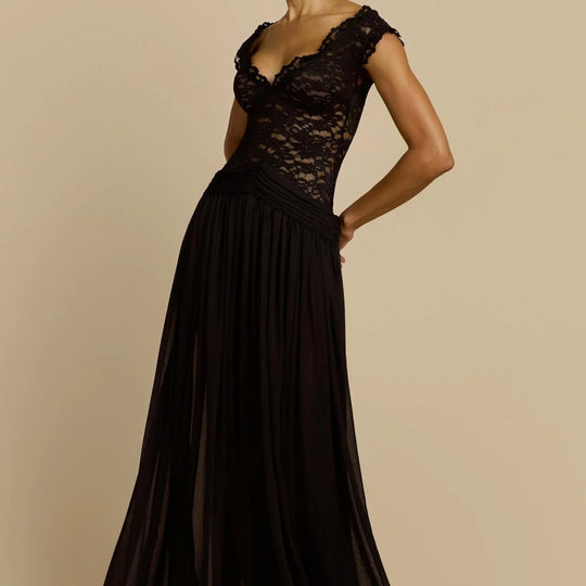Damen Elegantes Spitzenmaxikleid mit fließendem Rock EB