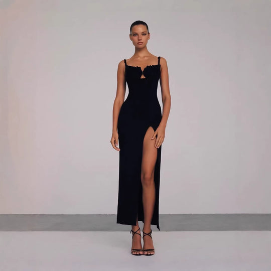 Damen figurbetontes Maxi-Kleid mit raffiniertem Schlitz und gepolsterten Trägern EB