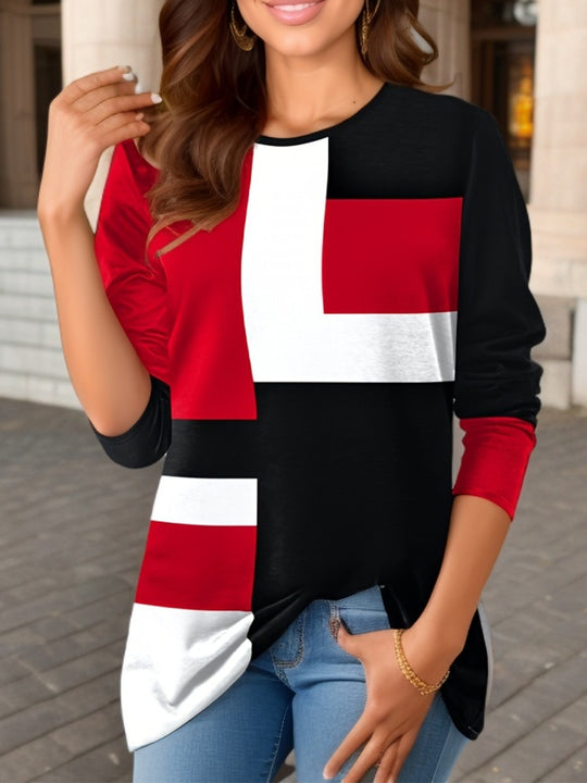 Damen nan geometrisches Colorblock Longsleeve-Tunika-Oberteil mit Rundhalsausschnitt und asymmetrischem Saum EB