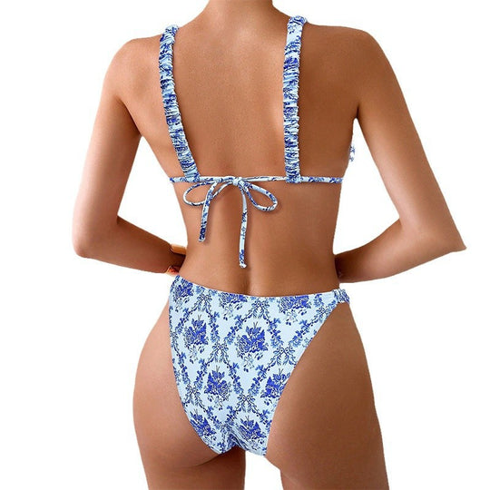 Damen Hochschnitt-Bikini mit floralem Design und verstellbaren Trägern EB