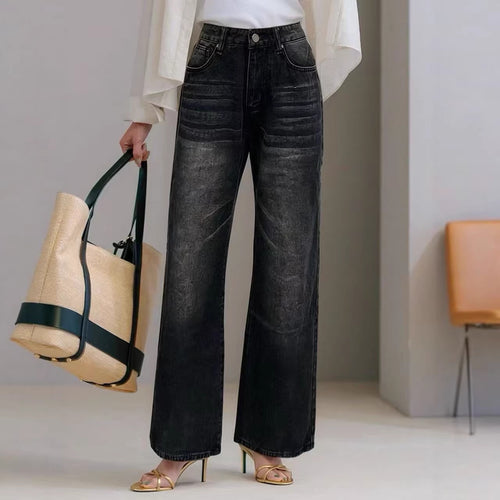 Damen weite High-Waist Jeans mit einzigartiger Textur EB