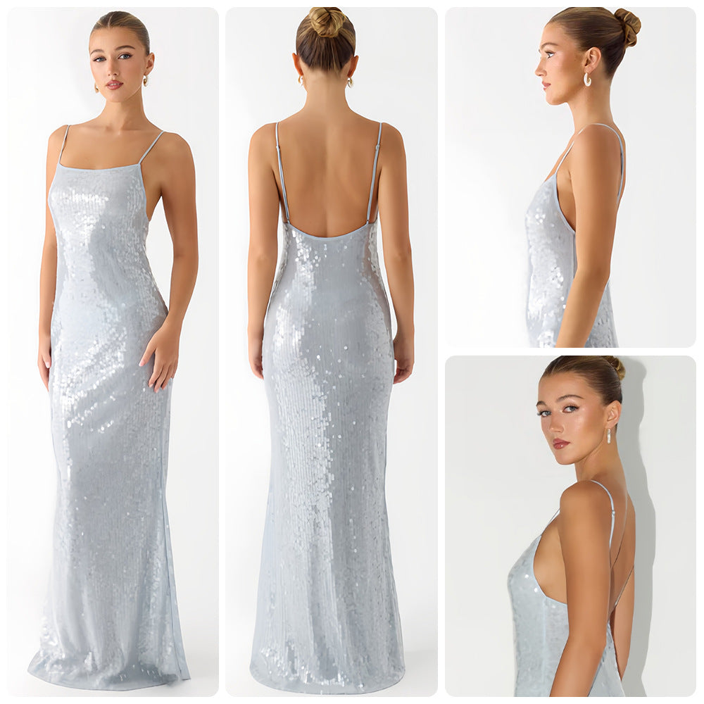 Damen Glamouröses Pailletten-Maxikleid mit schmalem Schnitt und feinen Spaghettiträgern EB