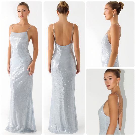 Damen Glamouröses Pailletten-Maxikleid mit schmalem Schnitt und feinen Spaghettiträgern EB