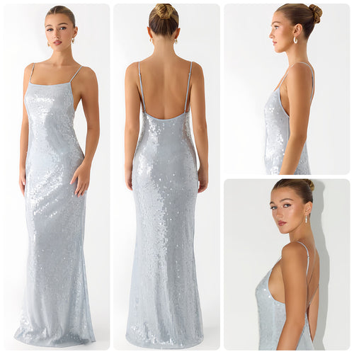 Damen Glamouröses Pailletten-Maxikleid mit schmalem Schnitt und feinen Spaghettiträgern EB
