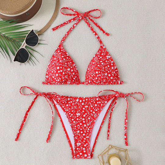 Damen Triangel-Bikini-Set mit buntem Blumenmuster und verstellbaren Trägern EB