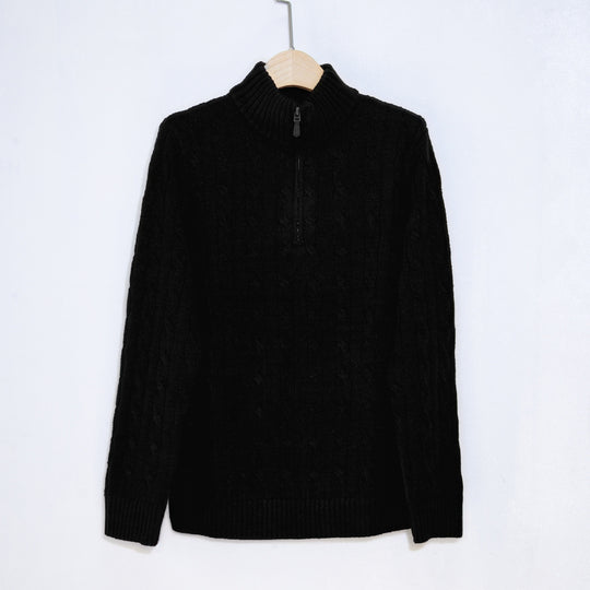 Herren eleganter Strickpullover mit halbem Reißverschluss und Zopfstrickmuster EB