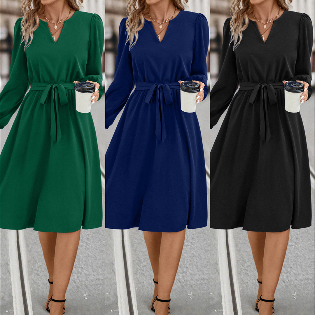 Damen Kleid mit V-Ausschnitt, Taillengürtel und eleganten langen Ärmeln EB