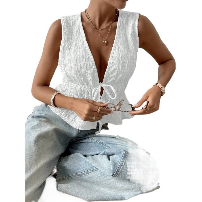Damen Top mit dekorativem Kordelzug und raffiniertem V-Ausschnitt EB