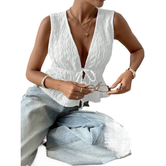 Damen Top mit dekorativem Kordelzug und raffiniertem V-Ausschnitt EB