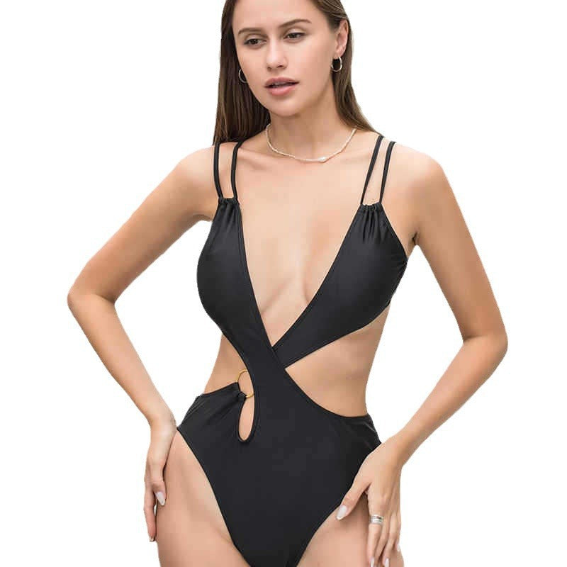 Damen Modischer Einteiler Badeanzug mit tiefem V-Ausschnitt und Cut-Out-Design EB