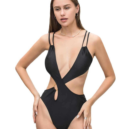 Damen Modischer Einteiler Badeanzug mit tiefem V-Ausschnitt und Cut-Out-Design EB
