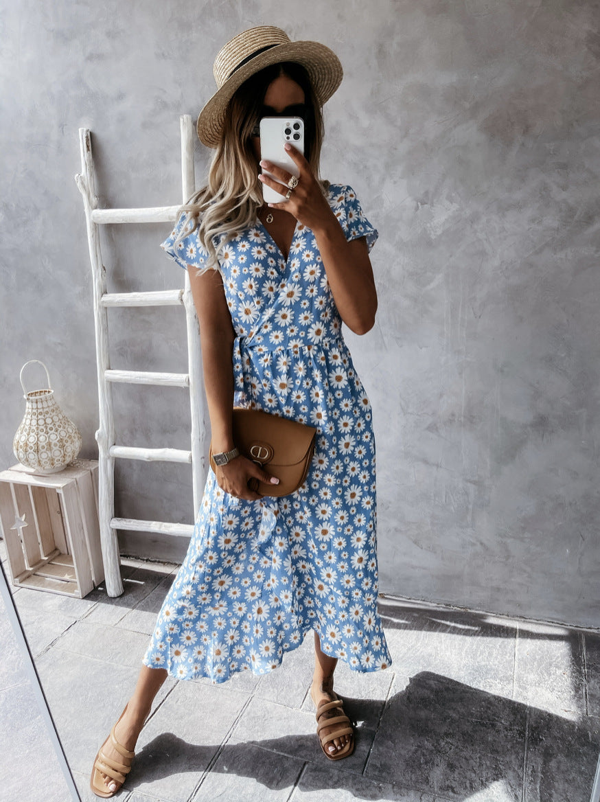 Damen florales Wickelkleid mit kurzem Ärmel und schwingendem Rock EB