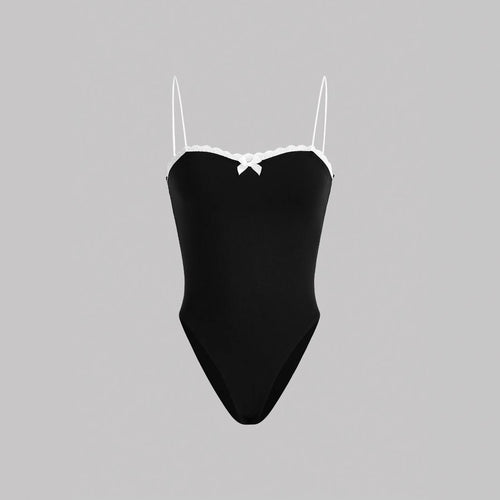 Damen eleganter Badeanzug mit Spitzenrand und Trägern EB