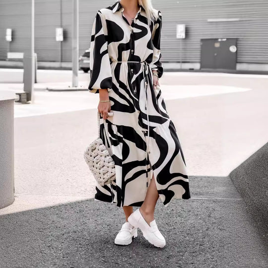 Damen Maxikleid mit modernem Muster und praktischem Taillengürtel EB