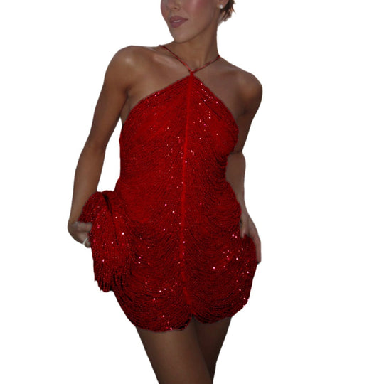 Damen Glitzerndes Minikleid mit raffinierten Perlenakzenten EB