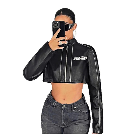 Damen cropped Kunstlederjacke mit sportlichen Zierelementen EB