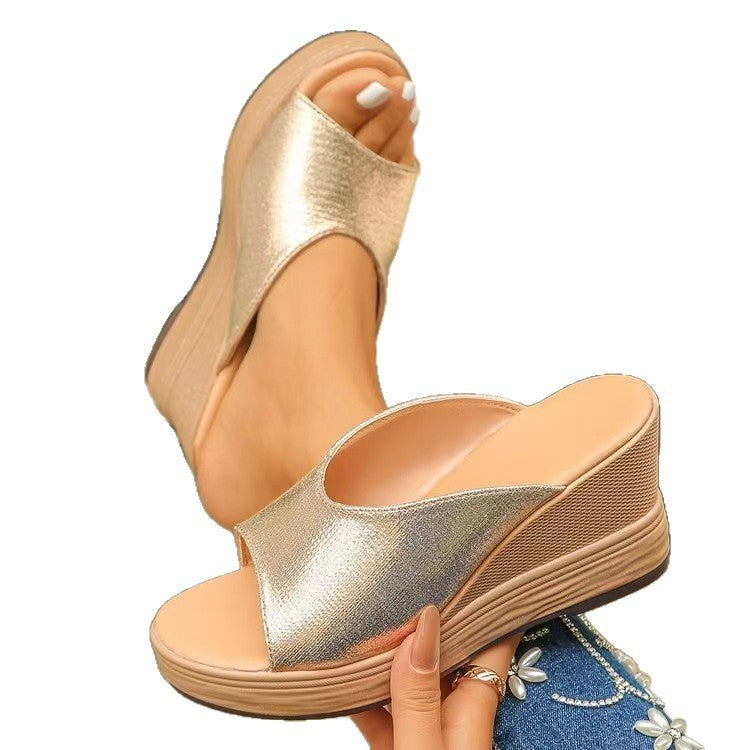 Damen Wedge-Sandalen mit offener Zehenpartie und schimmerndem Obermaterial EB