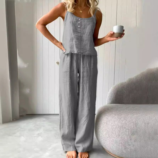 Damen lässiges Leinen-Set mit trägerloser Bluse und weiten Hosen EB