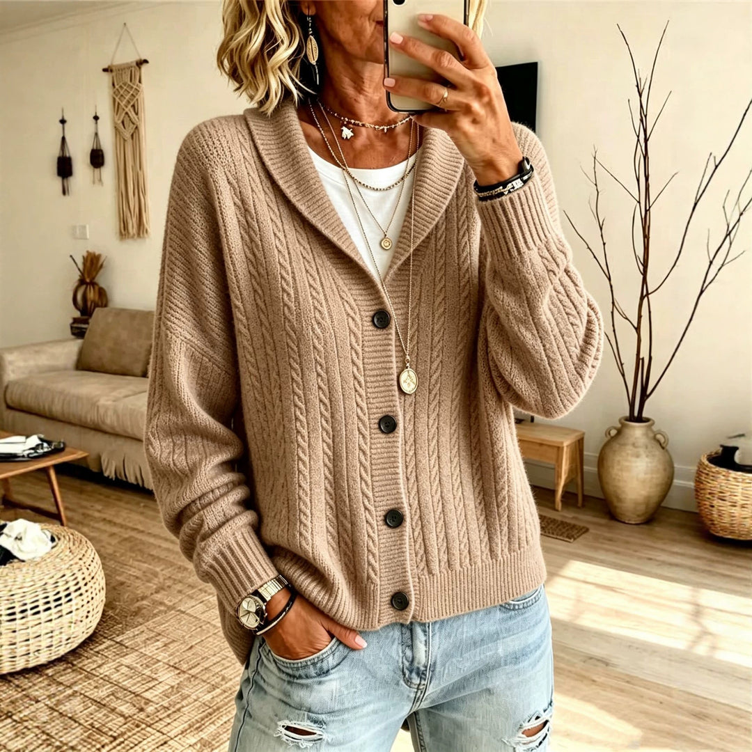 Damen Langer Schalkragen-Cardigan aus Zopfmuster mit gerippten Bündchen EB