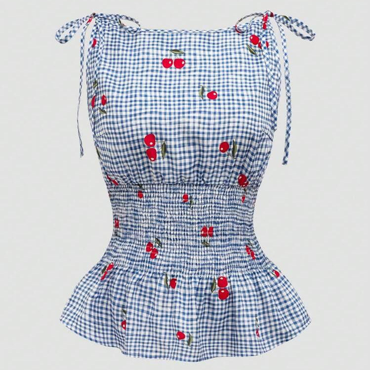 Damen Bluse mit floralem Karo-Muster und Rüschensaum EB