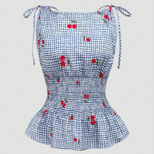 Damen Bluse mit floralem Karo-Muster und Rüschensaum EB