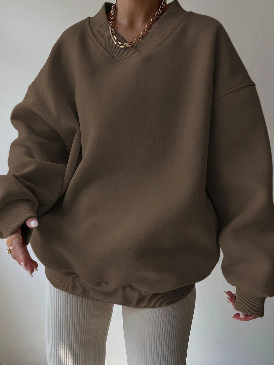 Damen Oversized V-Ausschnitt Sweatshirt mit verstärktem Rippkragen und extraweitem Cut EB
