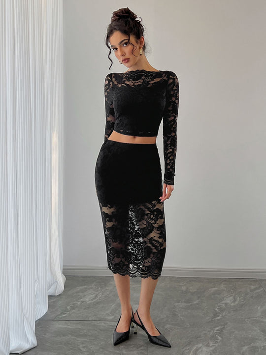 Damen nan zweiteiliges Spitzenensemble mit bauchfreiem Langarmoberteil und tailliertem Midirock EB