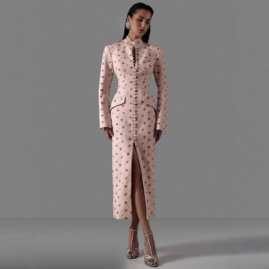 Damen Elegantes Langarmkleid mit floralem Muster und hochgeschlossenem Kragen EB