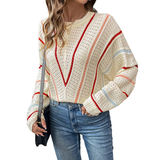 Damen Strickpullover mit modernem Lochmuster und dekorativen Streifen EB