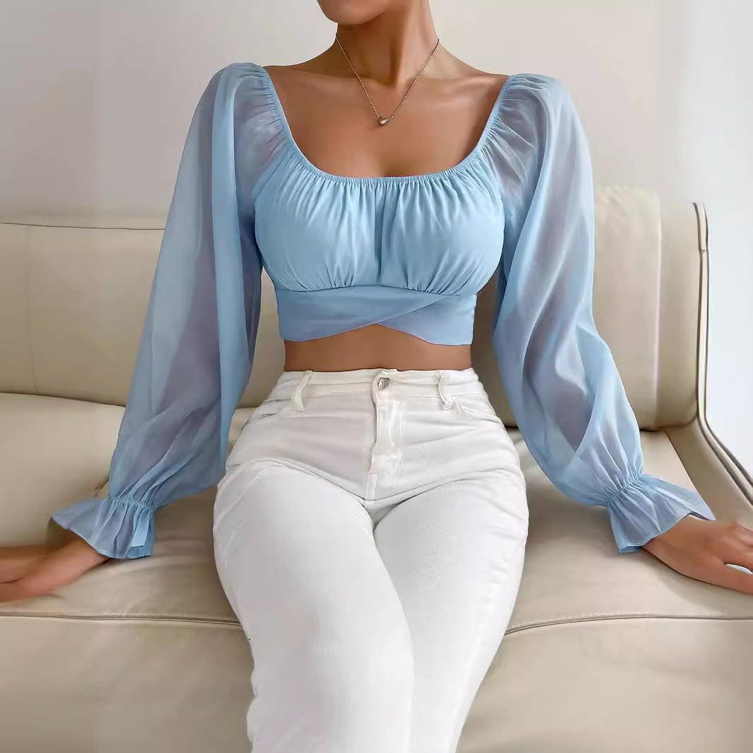 Damen Cropped Bluse mit Puffärmeln und raffiniertem Schnitt EB